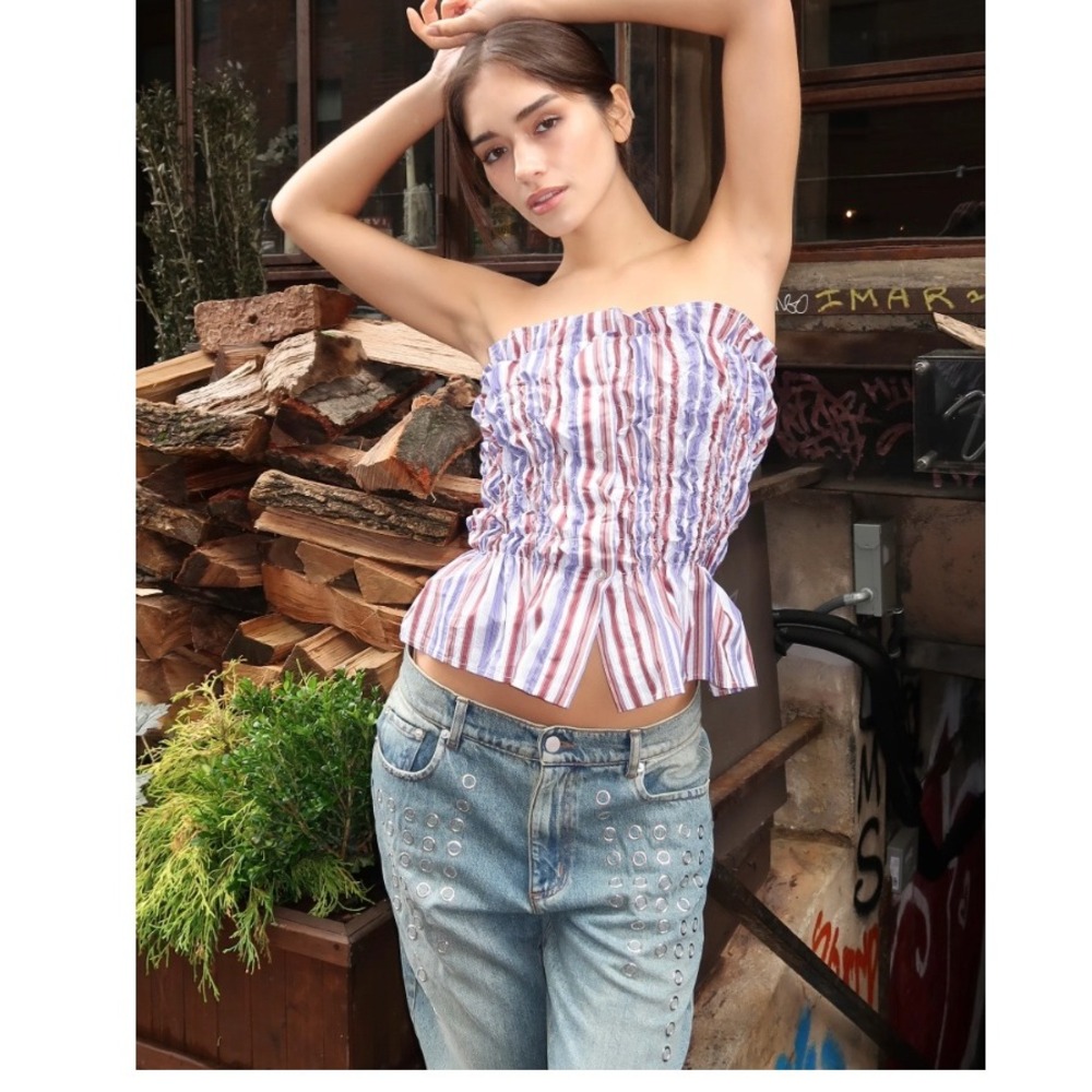 LAAGAM‎ Susan Striped Ruched Strapless Smocked Ruffle Button Up Peplum Small Top